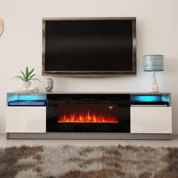 York 02 Electric Fireplace Modern 79" TV Stand - Gray/White