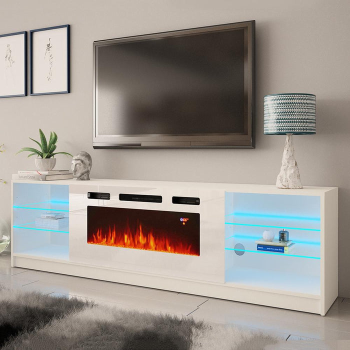 Boston WH01 Electric Fireplace Modern 79" TV Stand - White
