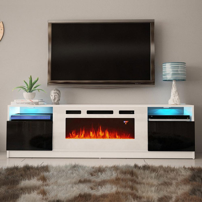 York WH02 Electric Fireplace Modern 79" TV Stand - White/Black
